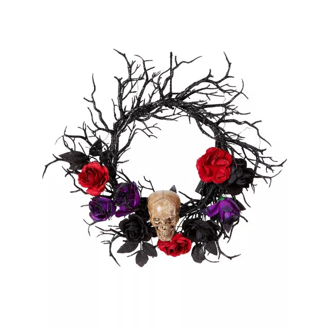 Light-Up Rose Skull Wreath