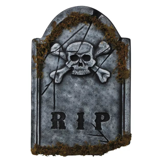 1.5 Ft Skull Face Tombstone with Moss
