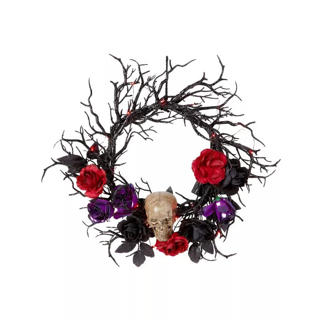 Light-Up Rose Skull Wreath