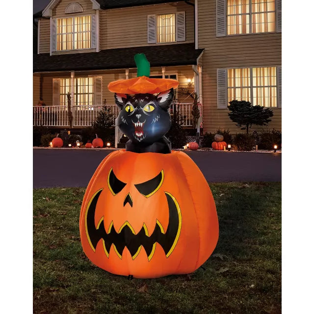 3 Ft 7 In Light-Up Animated Rising Pumpkin Cat Inflatable Decoration